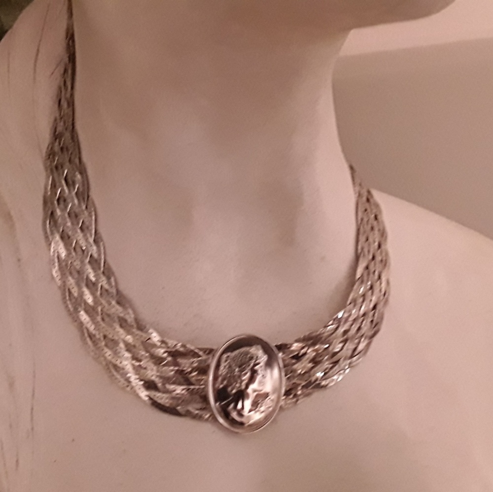 VTG SOLID 925 STERLING CAMEO CHOKER , 14 " ITALY - Picture 8 of 8